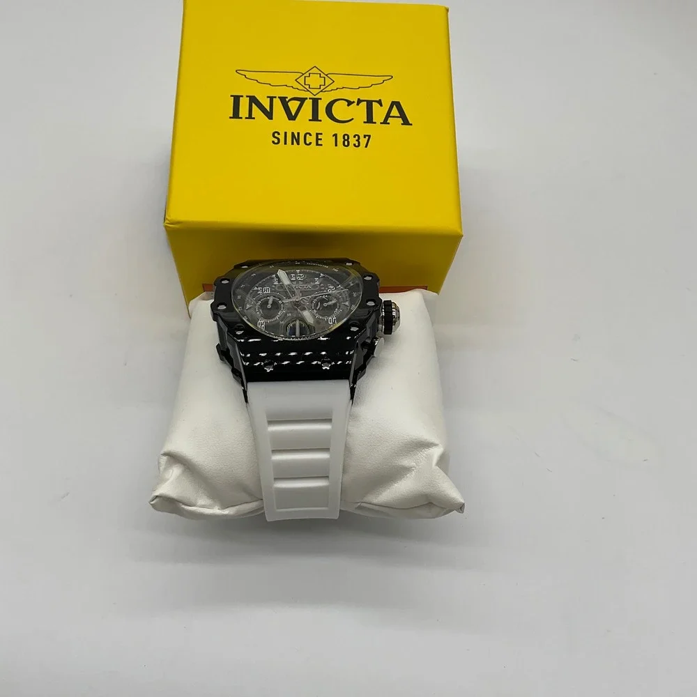 Invicta Racing Vaulthan Mens Watch 44mm Black Case White Silicone Strap New